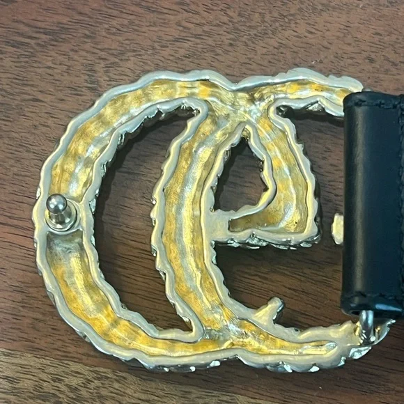 Auth Gucci Black Belt with Gold Double GG Marmont snakeskin  display picture 2